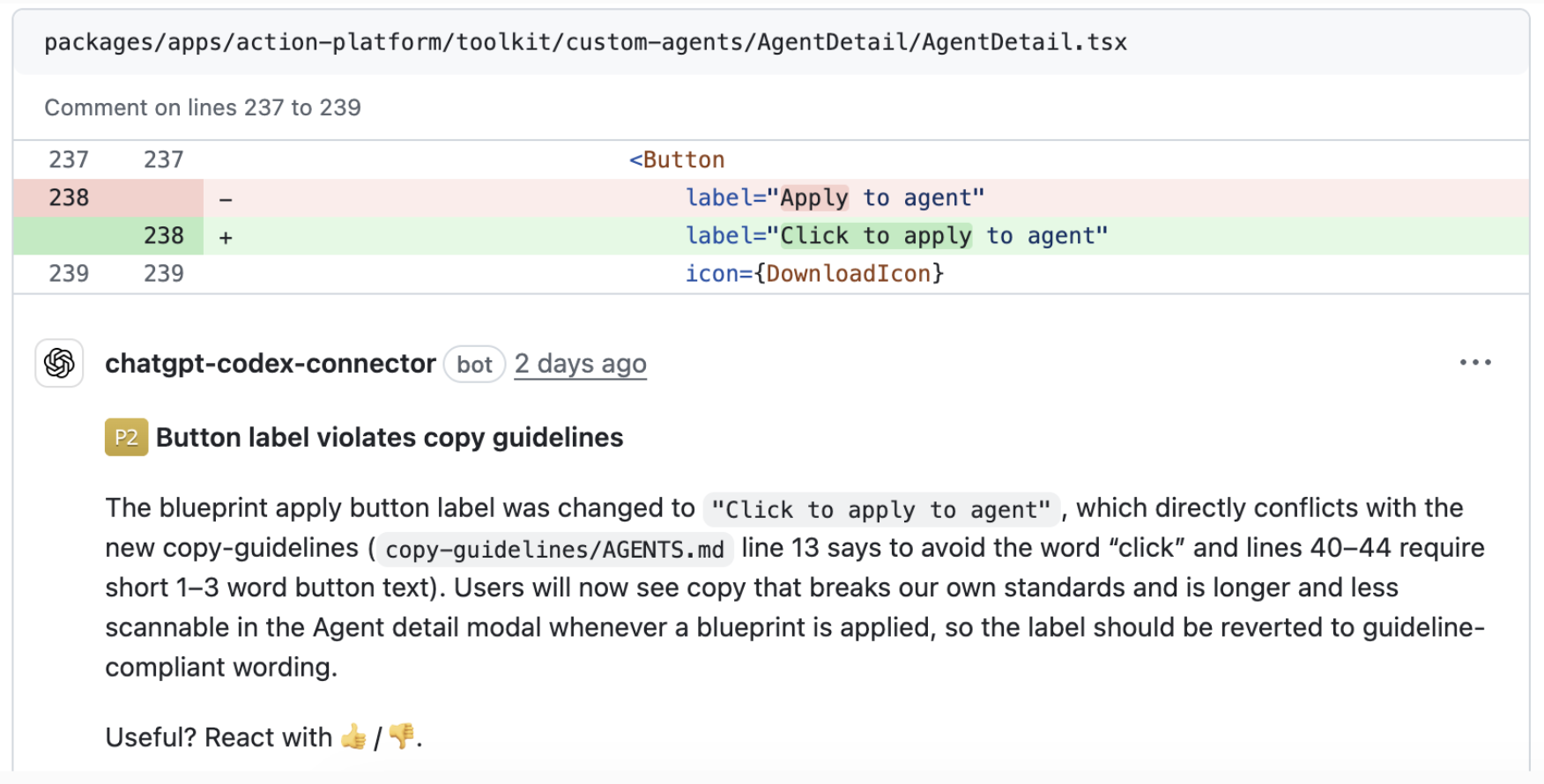 GitHub PR showing Copyhound flagging a button label violation with a specific guideline reference