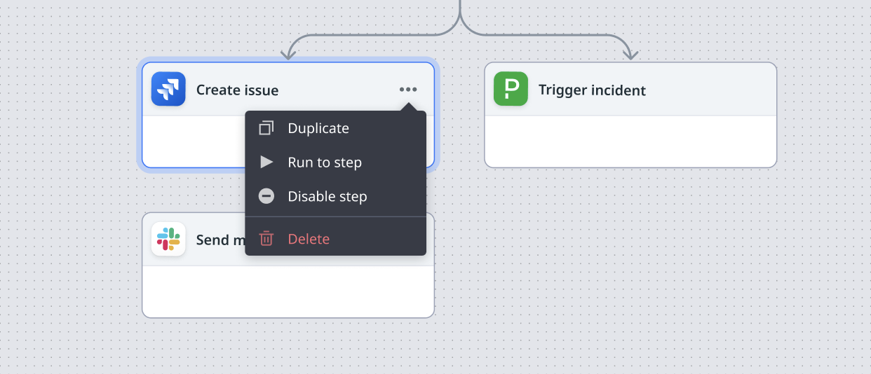 Step context menu showing Run to step and Disable step options